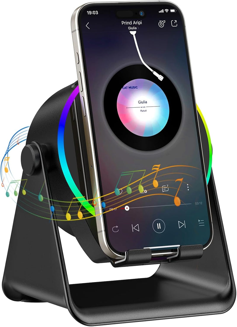 TARKARI Wireless Induction Speaker, Valentines Gifts for Him, 5 in 1 Bluetooth Speaker, 360 Rotation Cell Phone Stand with Ambient Light Compatible with iPhone iPad Android, Birthday Gifts for Men - Round - Black