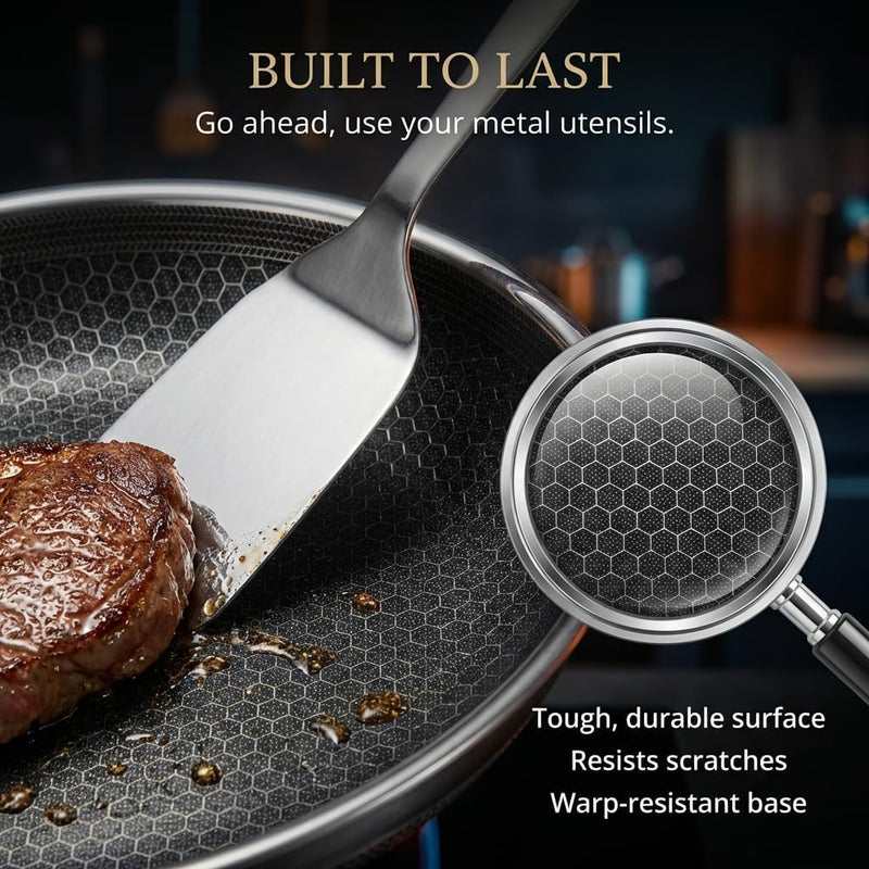 Eterna Tri-Ply Hybrid 24cm Frying Pan with Lid Stainless Steel & Ceramic Coating, Metal-Utensil Safe, Oven & Dishwasher-Safe, Induction & All Cooktops Compatible