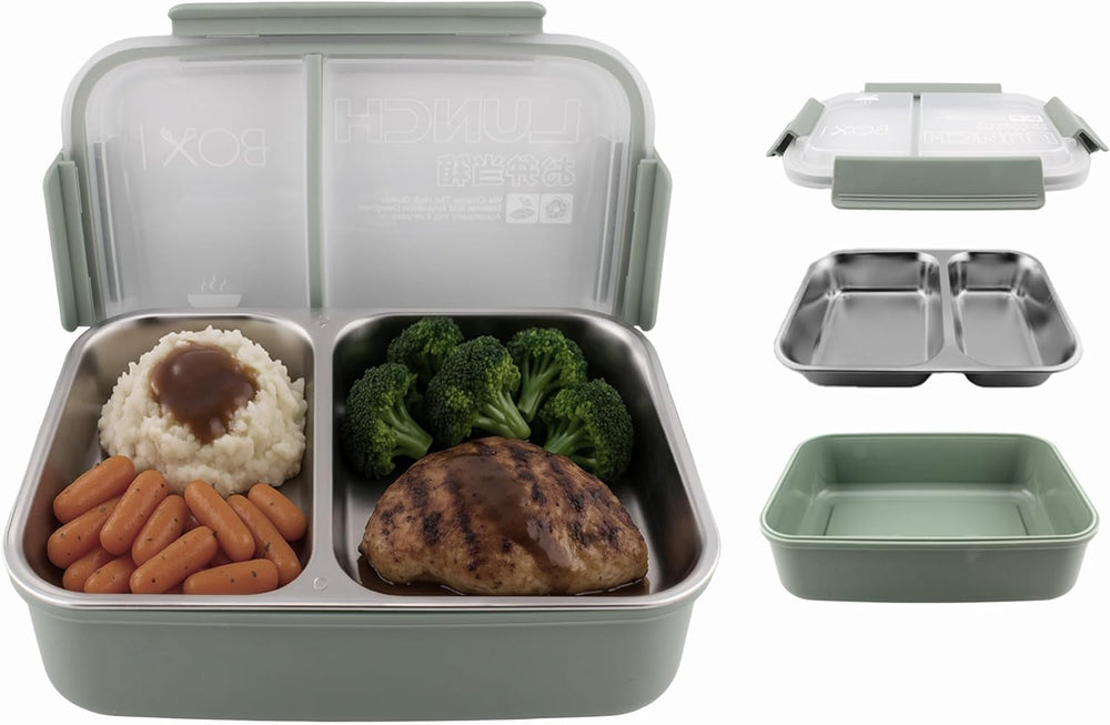 Stainless Steel 2 Compartments Bento Lunchbox with Removable Inner Tray - Leak Proof Bento Box for Kids, Adults - Tiffin Box for Office, School (GREEN)
