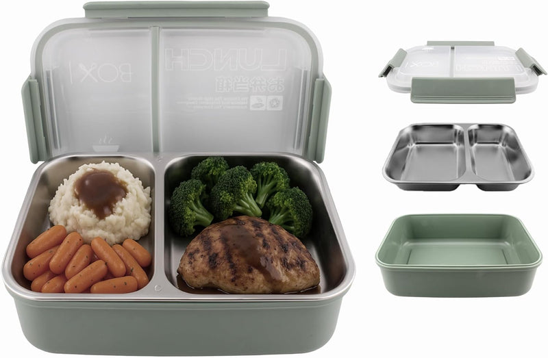 Stainless Steel 2 Compartments Bento Lunchbox with Removable Inner Tray - Leak Proof Bento Box for Kids, Adults - Tiffin Box for Office, School (GREEN)