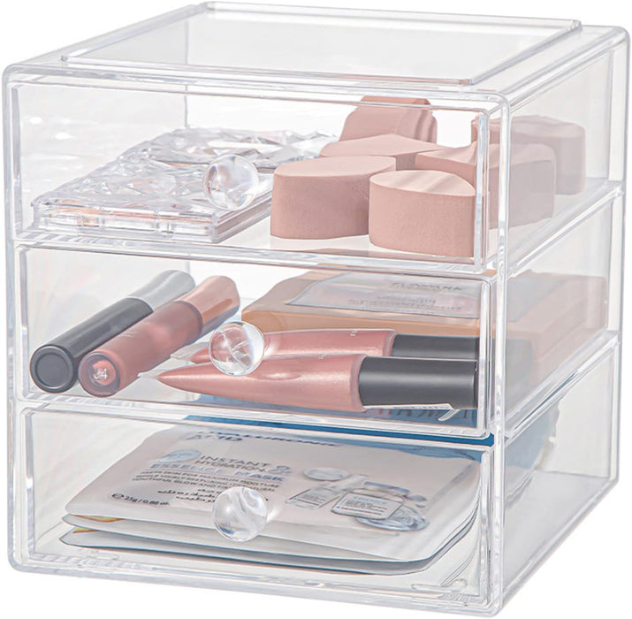 Acrylic Makeup Drawer Organizer - 3-Drawer Clear Cosmetic Display Case for Jewelry, Skin Care, Hair Accessories, and Bathroom Countertop