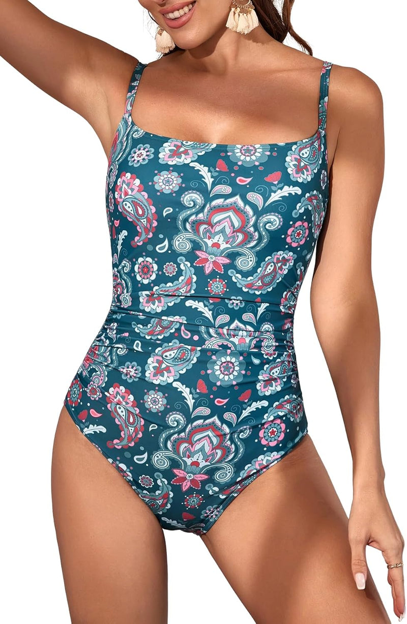 Women's One Piece Swimsuits Tummy Control Ruched Bathing Suit 1 Piece Swimwear - Deep Green Floral Printed