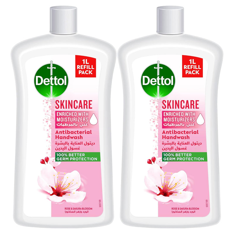 Dettol Skincare Liquid Handwash Refill, Rose & Sakura Blossom Scent, 1L x 2