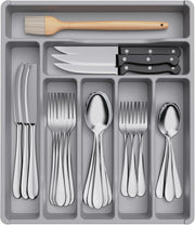 Silverware Drawer Organizer Tray, Plastic Cutlery Storage for Kitchen, Flatware and Utensil Holder Divider for Spoons Forks Knives Tableware, 9.1 x 12.6", 5 Slots, Black - Grey 12.3 x 14.2 inch (7 Slots)