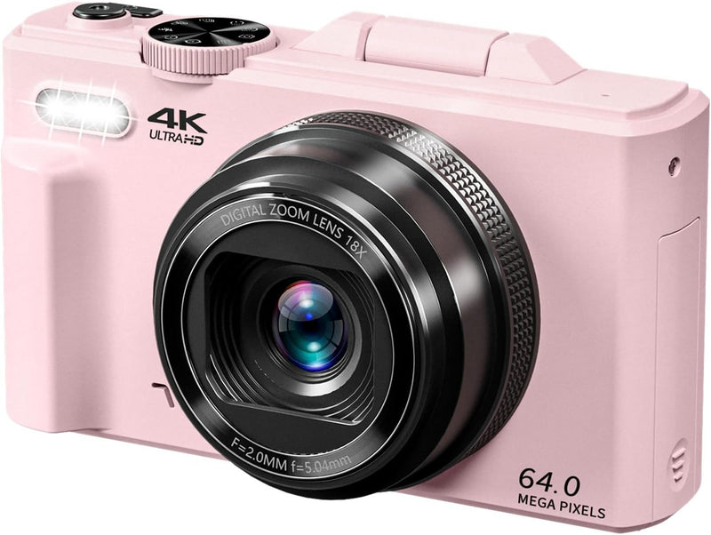 VJIANGER 4K Digital Camera for Photography, 64MP Vlogging Camera for YouTube with 3" 180 Flip Screen, 18X Digital Zoom Point and Shoot Camera with 32GB Micro SD Card for Beginner (Black) - YL15-W08-C-Light Pink