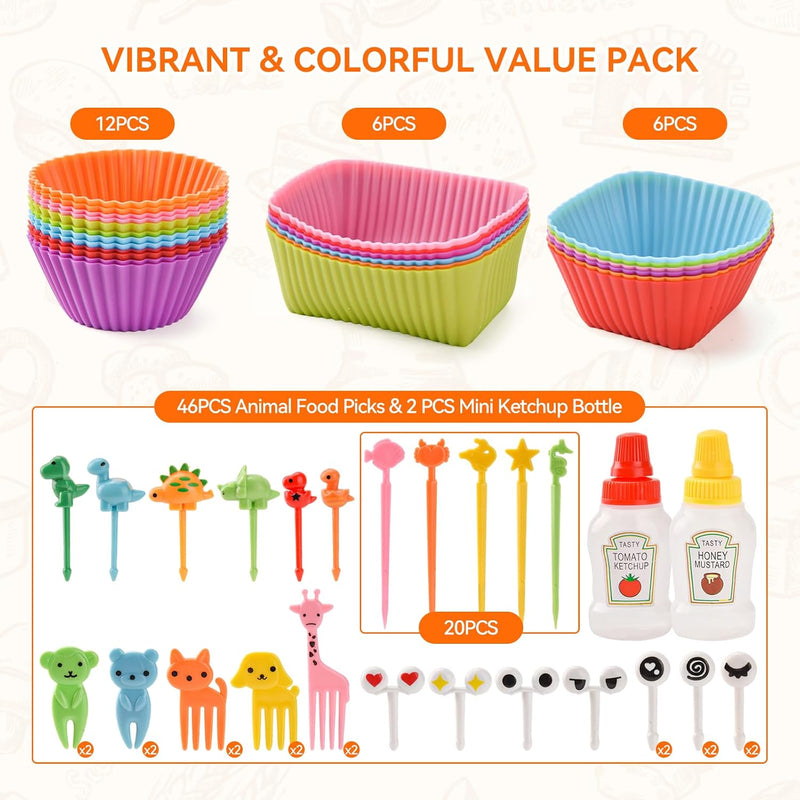 72 PCS Silicone Kids Lunch Box Dividers Set, 3 Shapes Multicolor Silicone Cupcake Cases Muffin Cases Baking Cake Molds Cup, Reusable Lunch Bento Box Accessories with Animal Food Picks for Kids Lunch