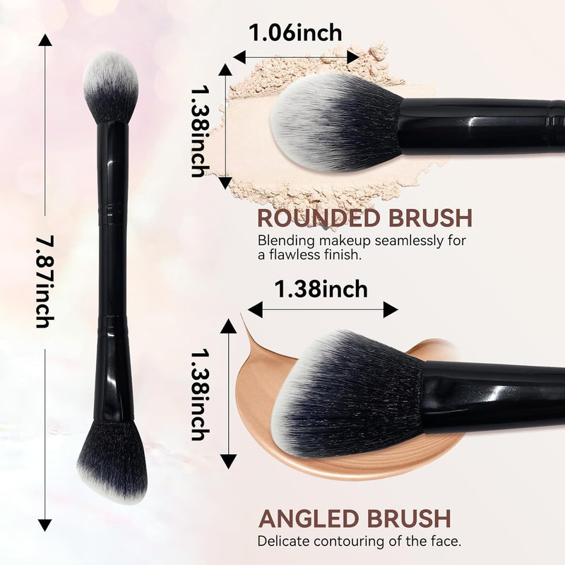 YJUFoar Dual-Ended Vegan Foundation Brush - Angled & Round Professional Synthetic Highlighter & Concealer Makeup Brush for Flawless Blending and Application of Blush, Powder