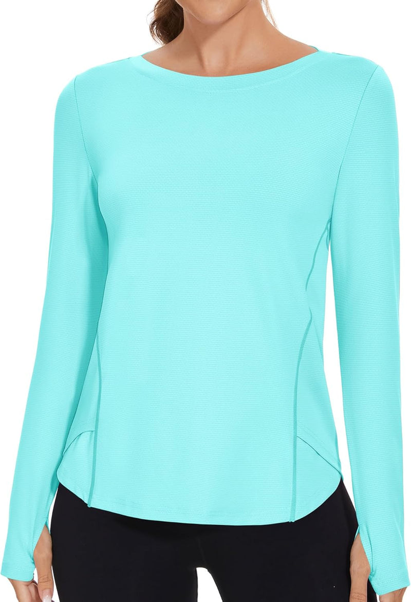 Rapbin Women's UPF 50+ Sun Protection T-Shirts Long Sleeve Boat Neck Workout Lightweight Quick Dry Top with Thumb Hole