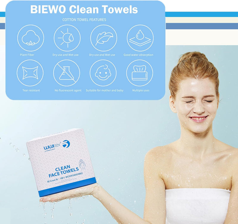 BIEWO Disposable Clean Face Towels, Cotton Face Towelette Soft Dry Wipes, Large Facial Cloths Simple Makeup Remover Wipes Thick Tissues for Sensitive Skin, 50 Ct, 1 Pack (1 PACK=50 COUNT)