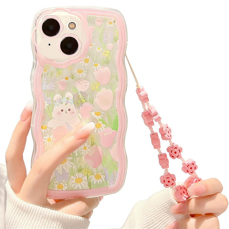 NITITOP Compatible for iPhone 13 Case, Cute Clear Cartoon Floral Rabbit with Heart Beaded Lanyard Wrist Strap for Women Girly, Soft TPU Full Protective Cover- Flower Rabbit