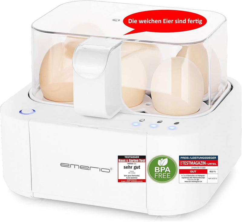 Emerio Best Egg Cooker EB-115560 - Soft, Medium, Hard in One Process - Voice Output - White (2022 Model) - Egg Cutter Included