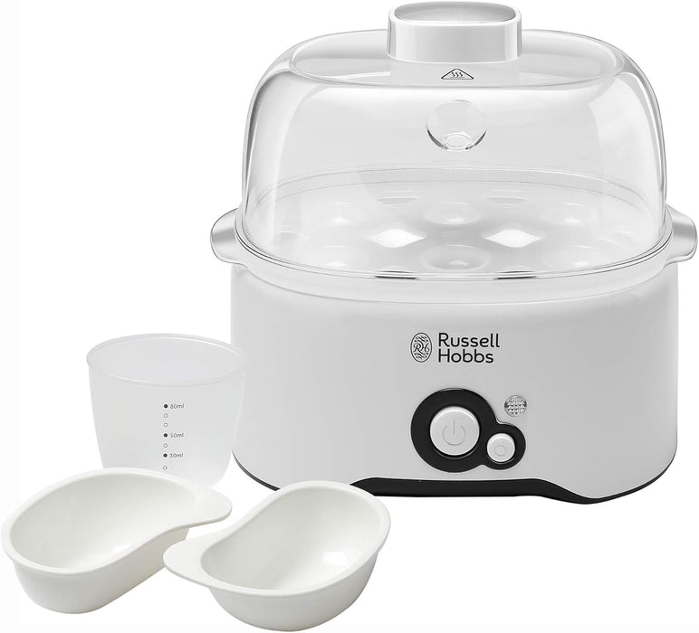 Russell Hobbs REG300-300 Watts Fully Automatic Egg Cooker with Egg Cooking Rack, 2 Poaching Pans and Measuring Cup (White) with 2 Years Manufacturer Warranty