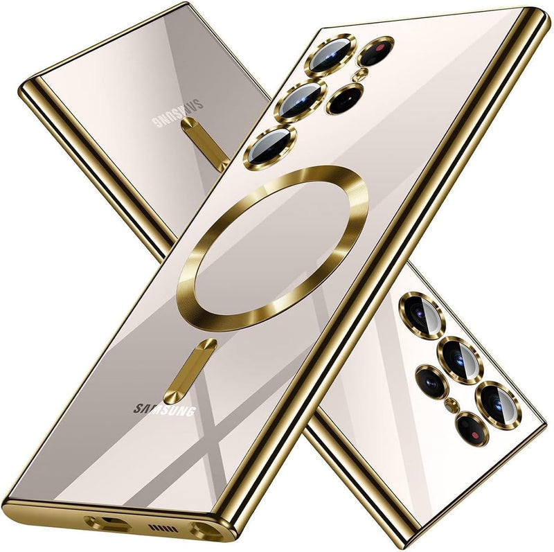 BURAQ Electroplated TPU Mag Safe Cover For Samsung Galaxy S21 Ultra, Camera Lens Full Protection Cover, CD Texture Wireless Charging Case, Soft TPU Gold Border Case For Samsung Galaxy S21 Ultra
