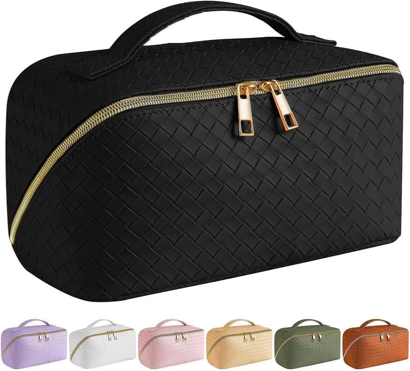 Large Capacity Travel Cosmetic Bag - Makeup Bag, PU Leather Waterproof Cosmetic Bag, Women Portable Travel Makeup Bag With Handle and Divider Flat Lay Makeup Organizer Bag, Black, Fashion
