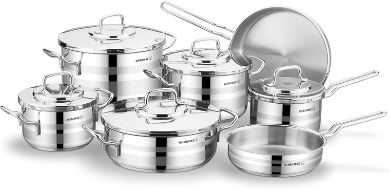 Korkmaz Astron 12 Pcs Cookware Set Stainless Steel Pots and Pans Set Inductions Compatible Cooking Set Silver - KA2056