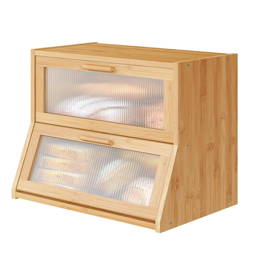 Vriccc Black Large Bread Box for Kitchen Counter, Bamboo Wooden Double Layer Large Capacity Bread Storage Bin with Acrylic Wavy Door Panel (Natural)