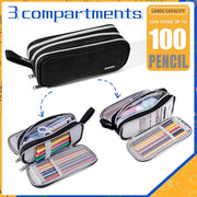 Revhq Pencil Case, Pen Bag, Pouch, Canvas Zipper 3 Compartment Large Case Organizer For School College Pouches - Black