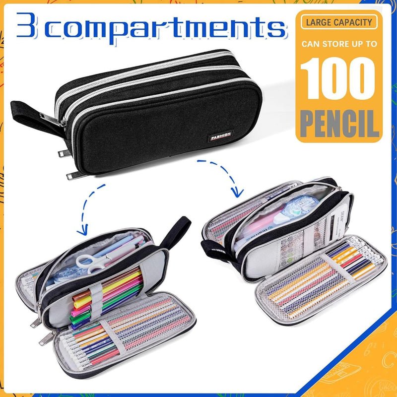 Revhq Pencil Case, Pen Bag, Pouch, Canvas Zipper 3 Compartment Large Case Organizer For School College Pouches - Black