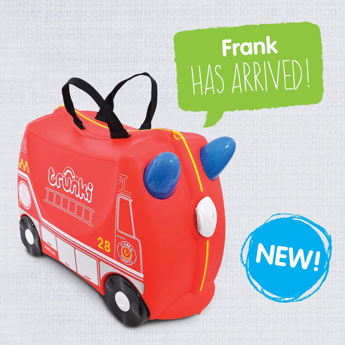 Trunki Rideon - Frank Fire Engine Suitcase - Durable ABS & Polypropylene Carry-On Luggage for Kids | Fun Travel Companion with Toy Storage - Perfect for Little Explorers - Flossi Flamingo (Red)