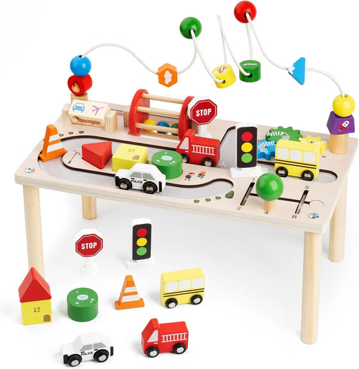 Activity Table for 1 Year Old Montessori Wooden Toys for Toddlers 1-3, 8 in 1 Baby Activity Table, Educational Sensory Bead Maze Toys for Babies, Learning Shape Sorter, Birthday Gifts Girls Boys