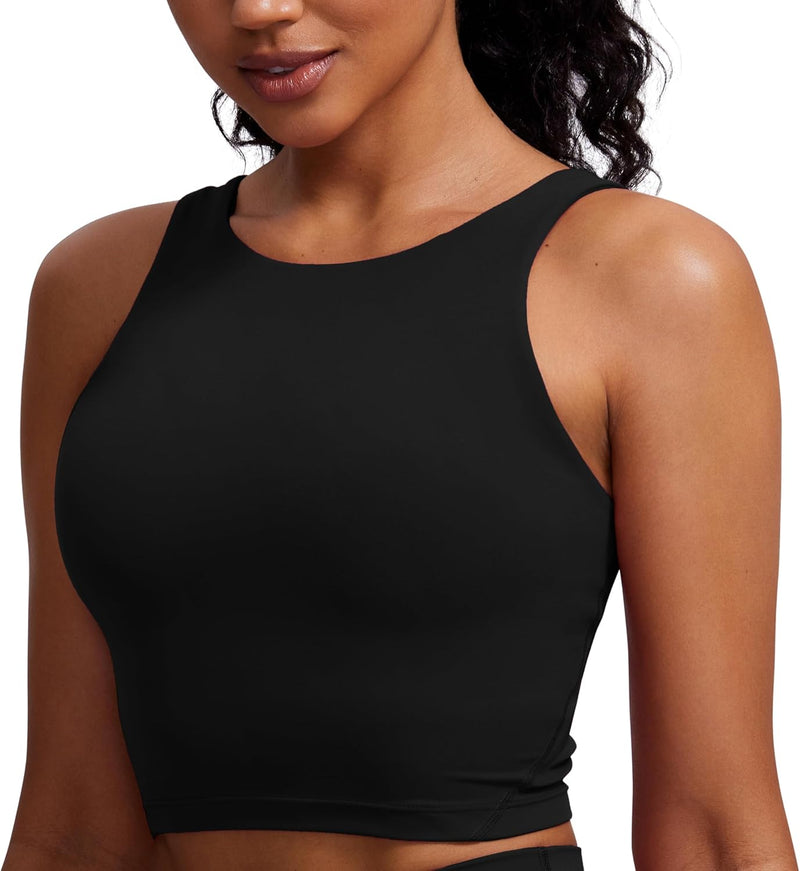 CRZ YOGA Womens Butterluxe High Neck Longline Sports Bra - U Back Padded Crop Workout Tank Top with Built in Bra