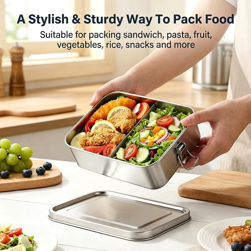 HASTHIP Stainless Steel Bento Box 850ml, Leak-Proof Lunch Box with Removable Compartment, Durable Portable Food Container for Kids and Adults, Dishwasher Safe Meal Prep Storage