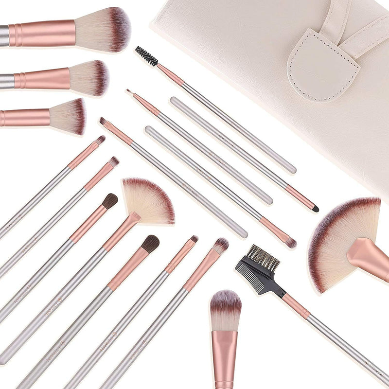 TTRWIN Make up Brushes, 18 Pcs Professional Makeup Brush Set Synthetic Kabuki Face Blush Lip Eyeshadow Eyeliner Foundation Powder Cosmetic Brushes Kit with PU Leather Bag Beige