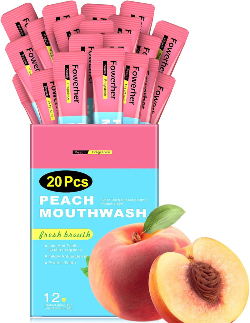 Travel Size Mouthwash Packets, Peach Mint Flavour, 20 Pieces, 237ml, Liquid Form, Portable Individual Mini Packets - Coconut