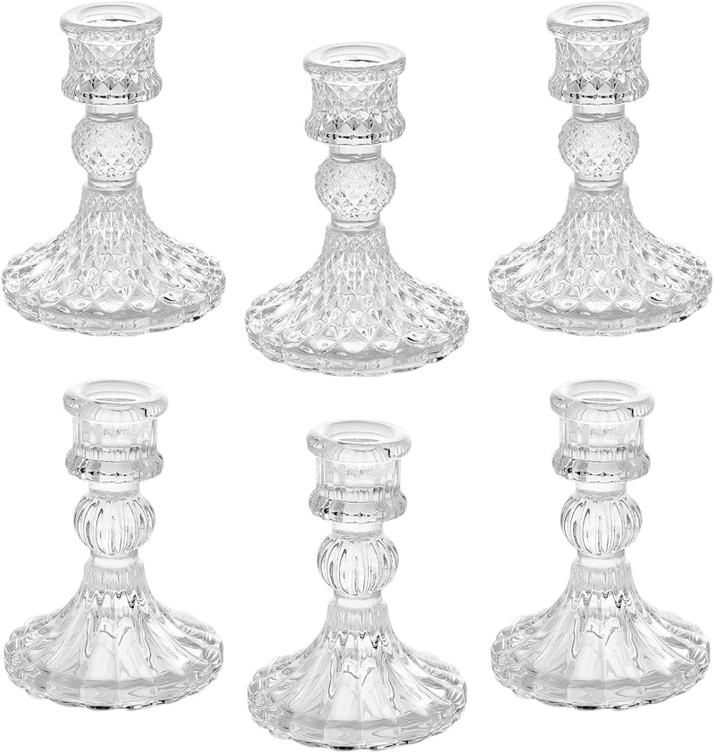 Angju Clear Glass Candlestick Holders,6 pcs Set Include Taper Candle Holders and Stripe Candle Holders,Two Style for Formal Events, Wedding, Festival,Church, Party & Festival Decoration