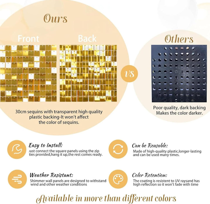 AM ANNA Gold Shimmer Wall Backdrop for Party, Gold Sequin Backdrop,Gold Glitter Wall Backdrop 30 Pieces,Square Glitter Wall Panels Shimmer Backdrop Valentine's Day Decoration, Birthdays, Weddings