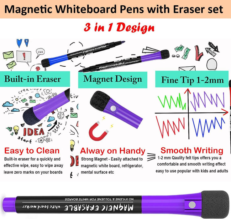 NALACAL Whiteboard Markers, Dry Wipe Pens, White Board Markers Erasable White Board Pens Colour, Magnetic Whiteboard Pens with Eraser, Thin Dry Erase Marker Fine Point, Teacher Supplies(12 Pack)