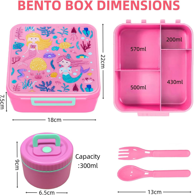 Bento Lunch Box, LunchBox 4 Compartments, Leak-Proof Lunch Container, PFAS&BPA-Free Microwave Safe, BLYPHOO Bento Box with Soup Bowl(Pink)