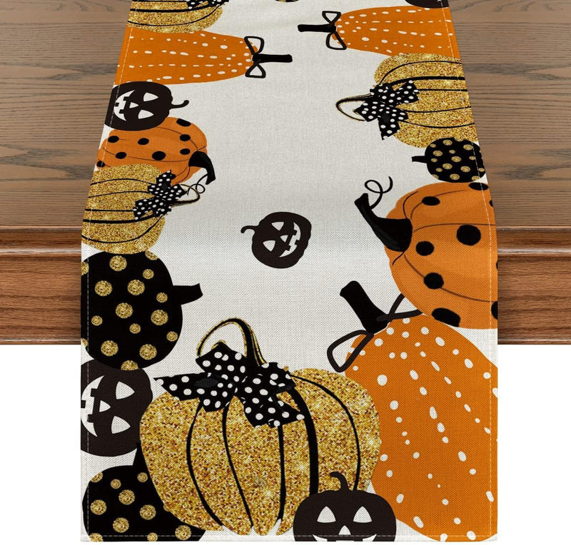 BIGTHREE 72x13 Inch Halloween Table Runner Decorations, Halloween Pumpkin Table Runner, Holiday Kitchen Dining Table Decoration for Home, Kitchen, Mantel, Dining Table Decor (Black) - White