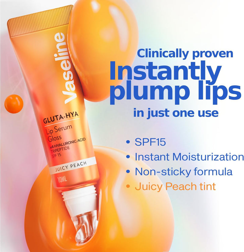 GlutaHya Serum Gloss Tinted Lip Care Juicy Peach Hyaluronic Acid & Glutathione for Plump Dewy Lips Instant Moisturisation, SPF 15, NonSticky 10 ml