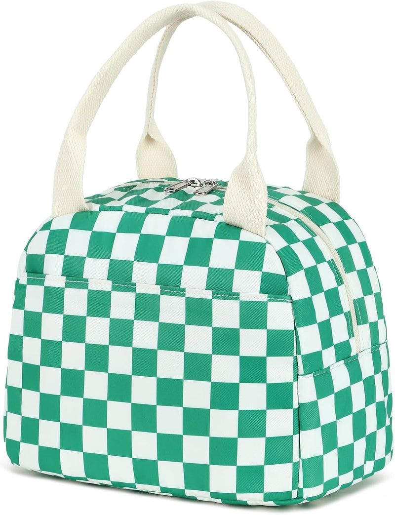 Lunch Bag for Women Men Cute Corduroy Lunch Tote Bags Reusable Insulated Lunch Box Large Capacity Reusable Insulated Cooler for Work Picnic or Travel (Corduroy strawberry) - Apple green white grids
