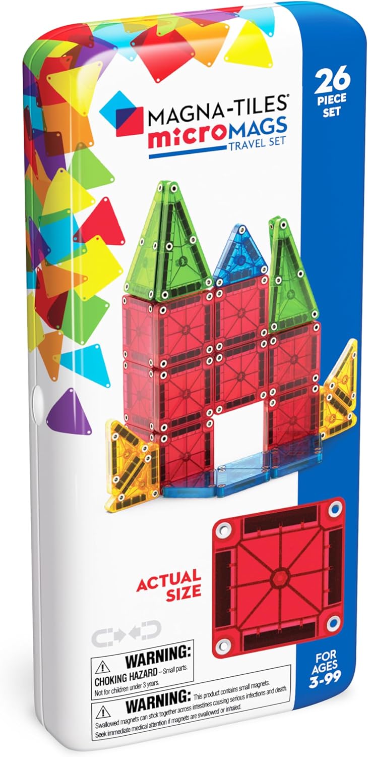 MAGNA-TILES microMAGS 26-Piece Travel Magnetic Construction Set Bold Colors, The Original Magnetic Building Brand