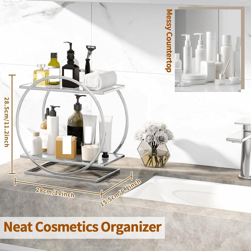 WEKOTEE Makeup Organizer for Vanity, Black Gold Perfume Organizer for Dresser- 2 Tier Skincare Organizers Bathroom Countertop Organizer, Make Up Counter Shelf Cosmetic Display Tray (55-02)