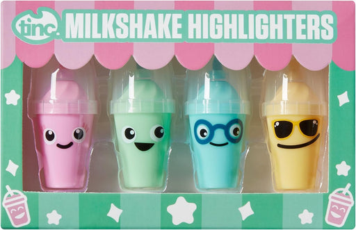 Milkshake Shaped Coloured Highlighter Pens for Kids For use at School & Homework - Four Funky Colours - Yellow Green Blue and Pink - 1 count (Pack of 4) Milkshake Highlighters