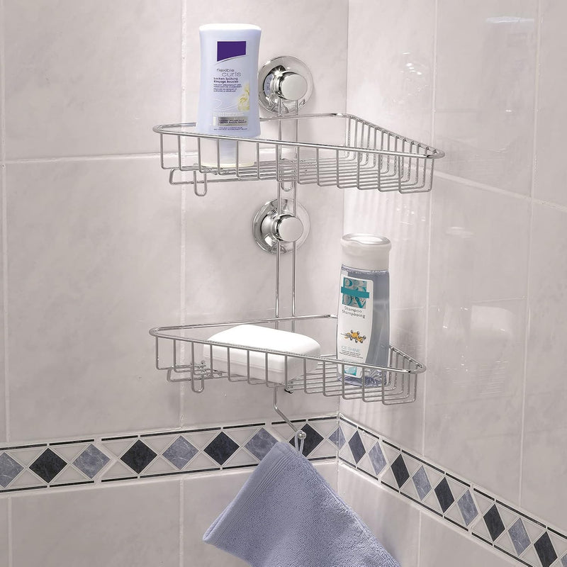 Everloc 2 Shelf Corner Rack, No Drilling, No Screws, No Glue, No Adhesive, Vacuum Suction Wall Mounted, Chrome Corner Bathroom Accessories Holder, Shower Rack, Easy Install, EVL-10202