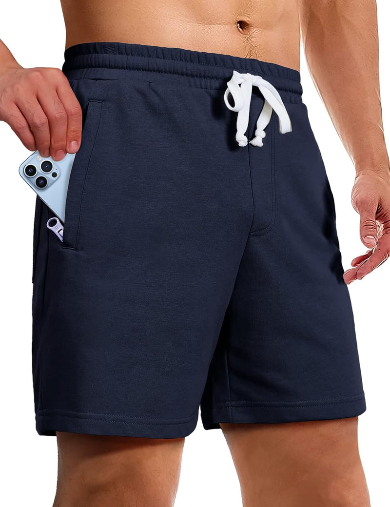 Men's Athletic Gym Shorts with Zipper Pockets 5.5" Elastic Waist Casual Cotton Sweat Short Pants for Pajama Jogger Sport
