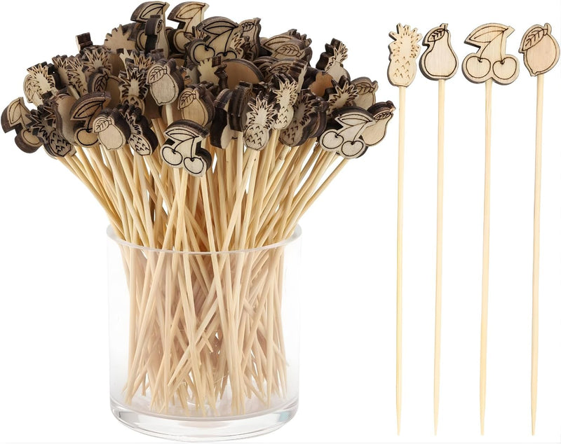 25 Pcs Fruit-Shaped Cocktail Picks 12 CM (4.7 Inch) Bamboo Appetizer & Drink Sticks Assorted Fruit Designs, Natural Wood, for Snacks & Drinks