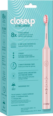 closeup Sonic Expert Pink Rechargeable Toothbrush, Waterproof, with 8x Plaque Removal Power, Whitens and Cleans, Suitable for Sensitive Teeth, 1pack