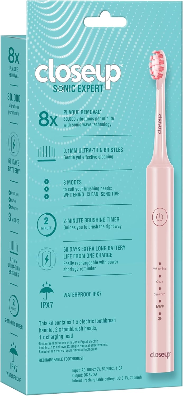 closeup Sonic Expert Pink Rechargeable Toothbrush, Waterproof, with 8x Plaque Removal Power, Whitens and Cleans, Suitable for Sensitive Teeth, 1pack