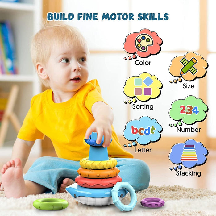 AM ANNA Stacking & Nesting Circle Toy, Infant Rainbow Stacking Rings with Sounds Newborn Toys for 1+ Year Old Boy Girl,Montessori Sensory Squeeze Play with Early Educational Learning Stacking Tower