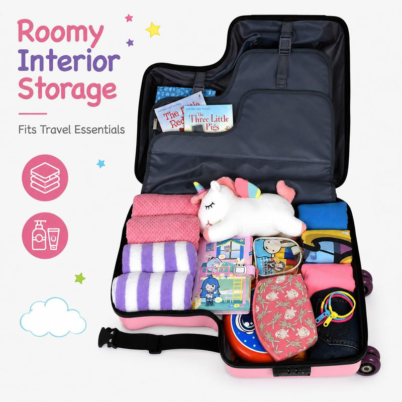 Kids Ride On Suitcase for Girls, Pink Unicorn Toddler Travel Luggage, Carry On Friendly Rideable Trolley Case with Seat, Pull Strap and Wheels, for Ages 2-6, Up to 80 lb