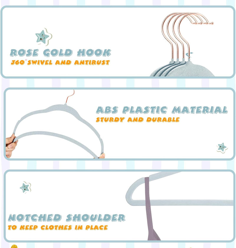 ManGotree Baby Velvet Hangers with Rose Gold Hook, Infant and Toddler Hangers, 27.8cm No-Slip Children Hangers, Ultra Thin Space Saving, Sturdy Kids Clothes Hangers 15 Pack(Blue)