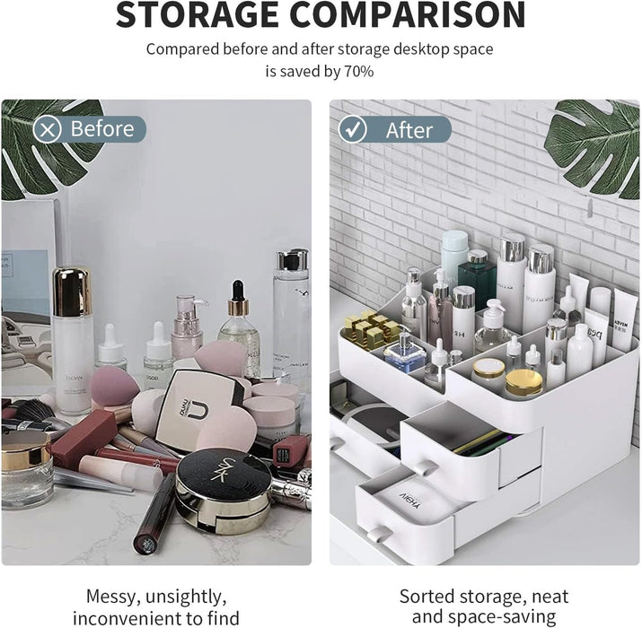 Yoawllty Makeup Organizer, Cosmetic Organizer Storage Box with Drawer, Elegant Vanity Case for Bathroom Bedroom Office Supplies(White)