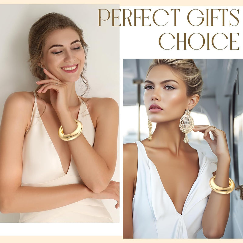 2 Pcs Chunky Gold Bangle Bracelets Hinged Cuff Open Wide Chunky Cuffs Bracelet for Women Arm Wrist Bangle Gift