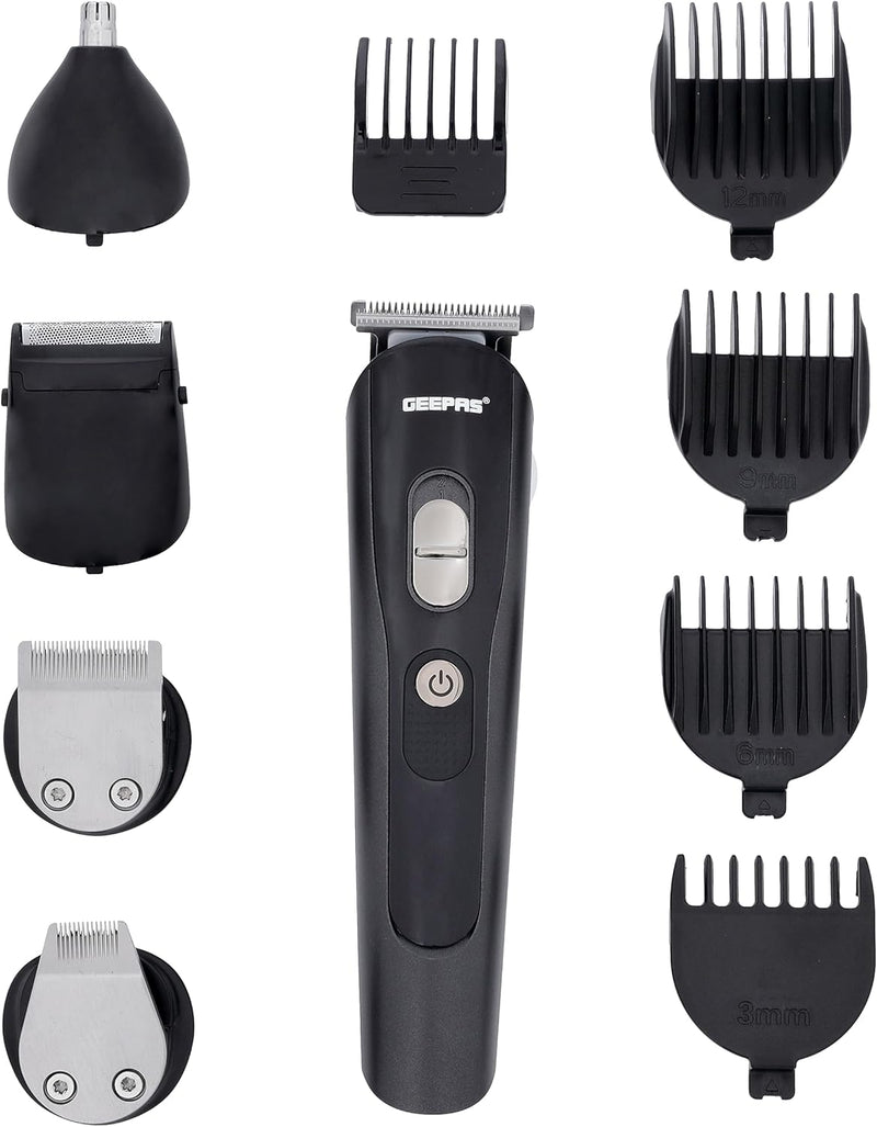 Geepas GTR8612N 11-in-1 Rechargeable Grooming Set 3.7V DC Hair/Bread/Nose/Ear/Body Trimmer 5 Changeable Heads Li-Ion Battery 60mins Working Time LED Display 4 Combs Attachments