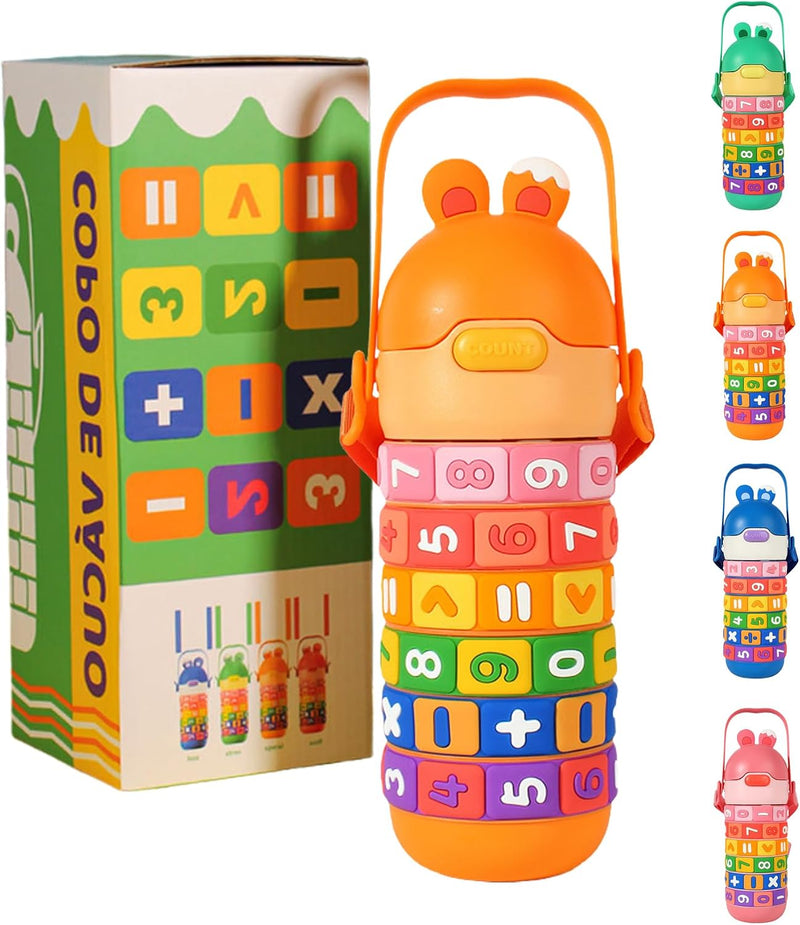BPA-Free Stainless Steel Thermos Water Bottle for Kids 430ml Insulated Leak-Proof Flip Lid Math Puzzle Rings Fun School Bottle for Boys & Girls Cute Design with Strap Learning Gift Green - Orange
